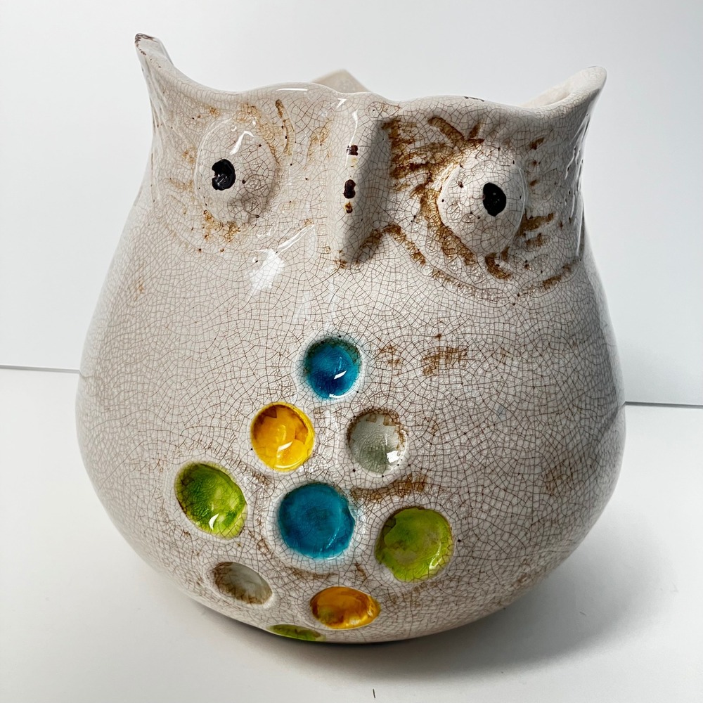 Ceramic Owl Vase Planter or Utensil Holder 7" Cream Crackle Glaze Boho Decor